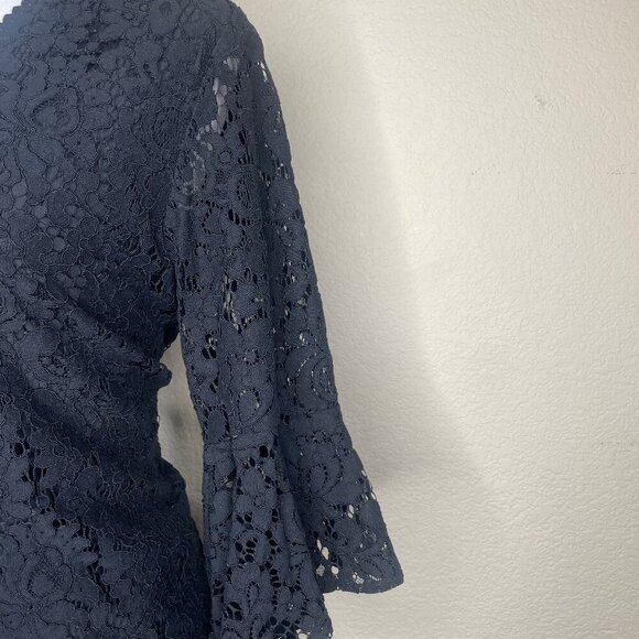 LOFT Ann Taylor Black Lace Lined Bell Sleeve V-Neck Blouse Top Size Small Career - Picture 3 of 10